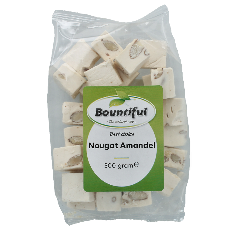 Bountiful Bountiful Nougat Amandel, 300g, creamy almond-filled snoepgoed with crunchy nougat pieces in a colorful wrapper.