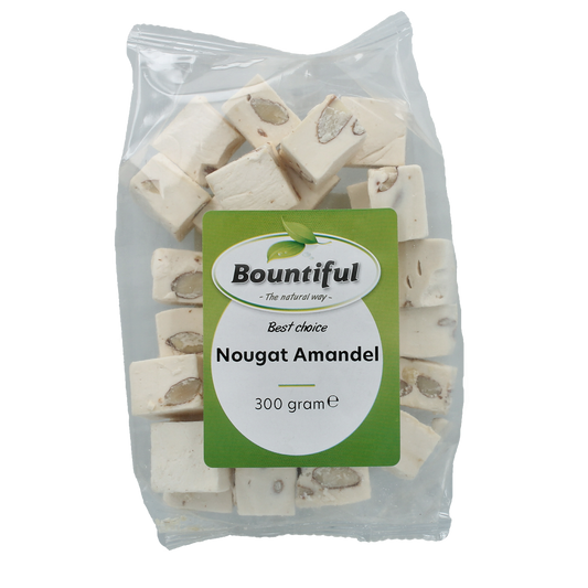 Bountiful Bountiful Nougat Amandel, 300g, Dutch confectionery with almonds and chewy nougat, in colorful packaging.