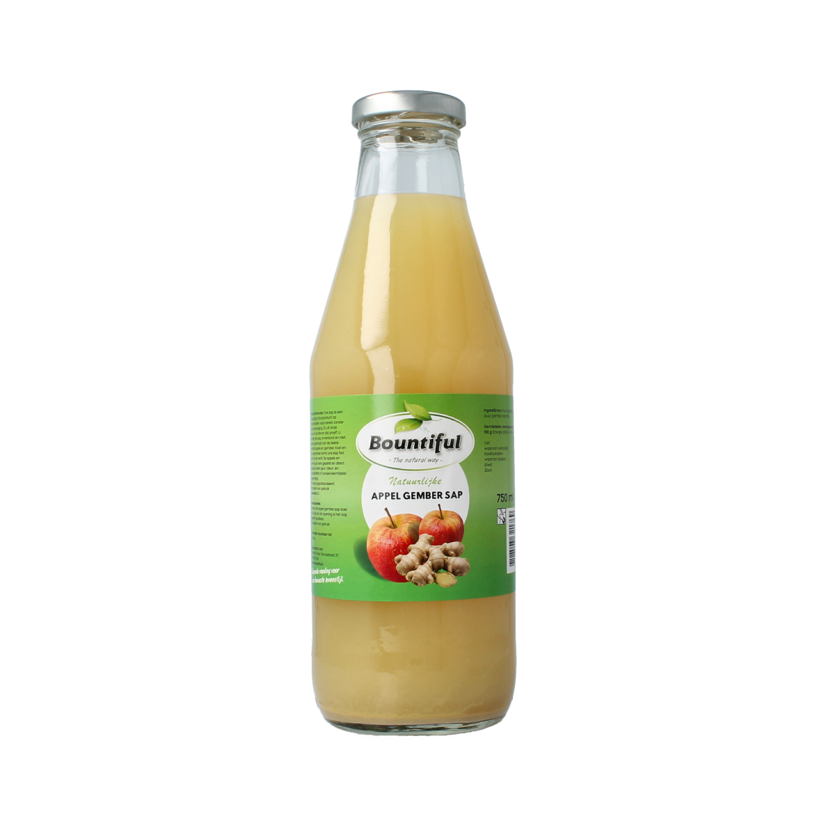 Bountiful Bountiful Apple-Ginger Juice bottle, 750ml, natural beverage with fresh apple and ginger flavors in clear plastic bottle.