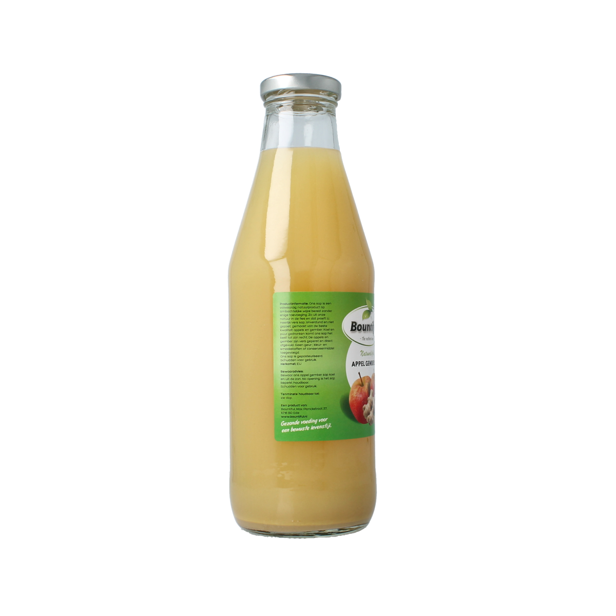 Bountiful apple-ginger juice in a 750ml bottle, vibrant label featuring fresh apples and ginger roots on the front.