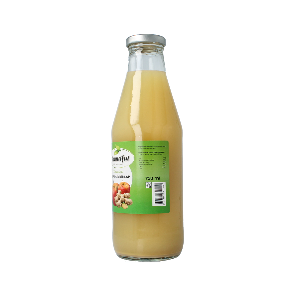 Bountiful apple-ginger juice in a 750ml bottle, fresh and vibrant, with a golden hue and label featuring apples and ginger roots.
