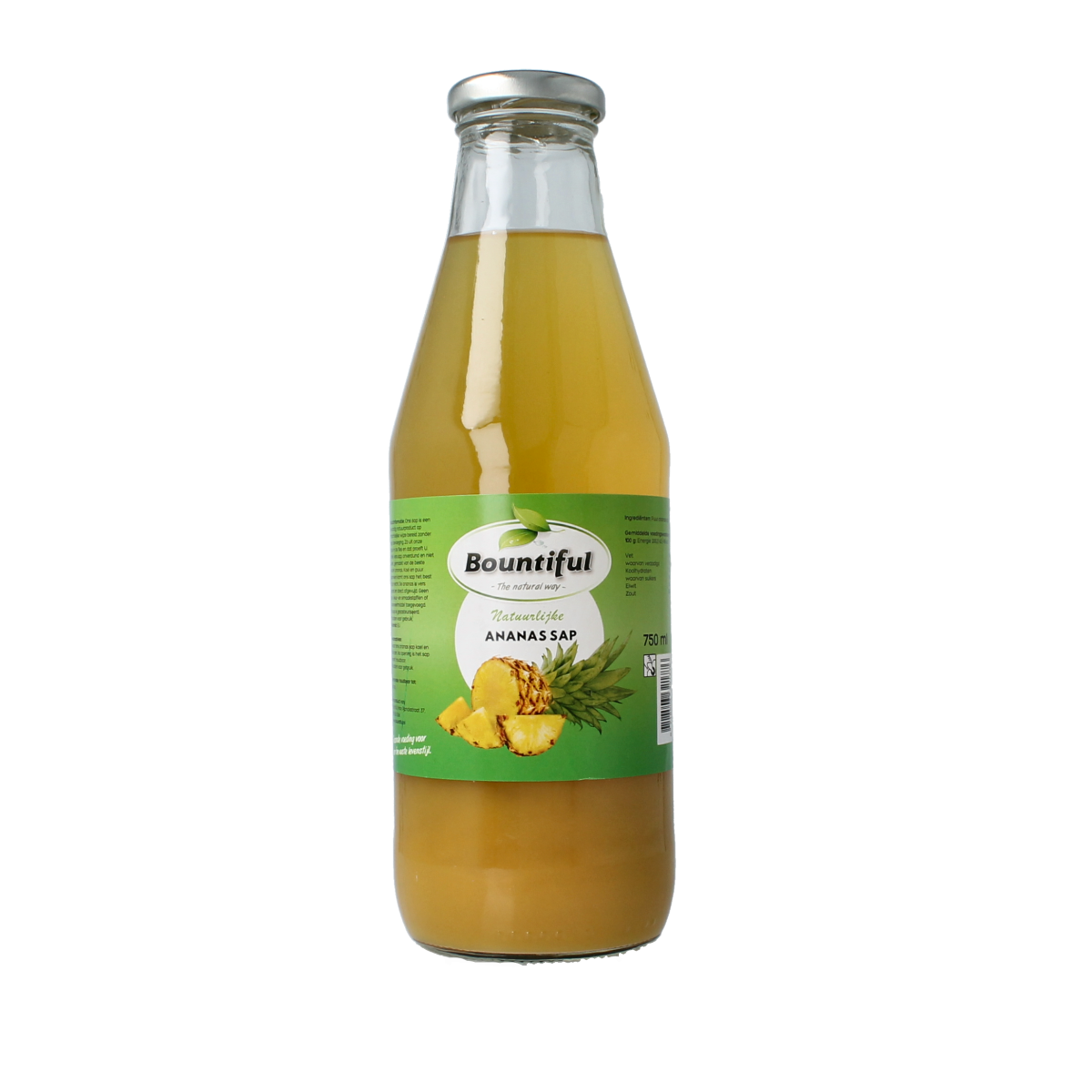 Bountiful Bountiful Ananas Sap in 750ml bottle, pineapple juice in a clear glass with a yellow liquid and pineapple slices.