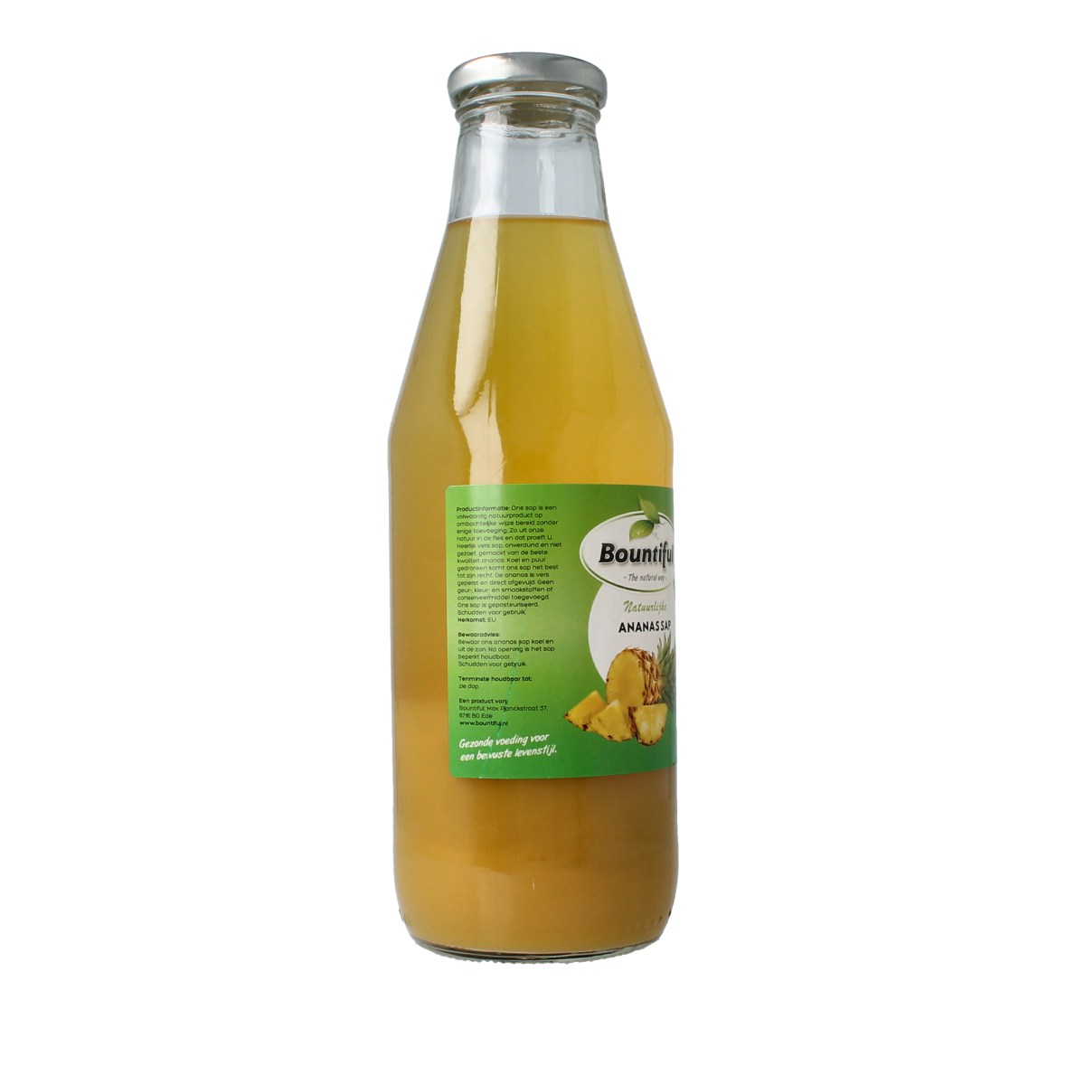 Bountiful Ananas sap 750ml bottle, tropical pineapple juice in a clear plastic bottle, labeled with Bountiful branding.
