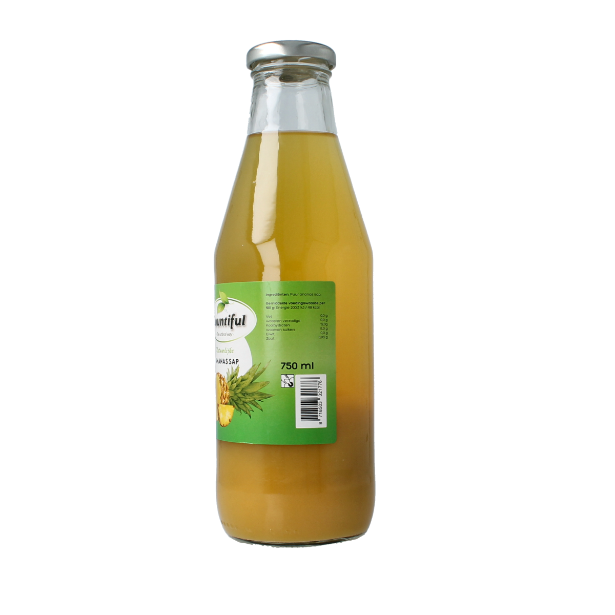Bountiful Ananas sap in a 750ml bottle, fresh pineapple juice from the Drink en Sappen category, with a vibrant label.