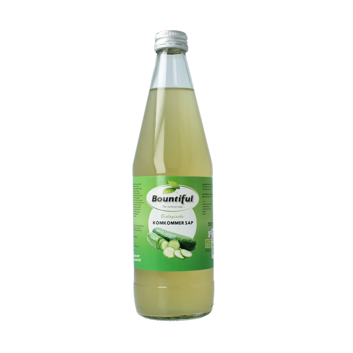 Bountiful Bountiful Komkommersap bio 500ml bottle of cucumber juice in a clear glass bottle with label.