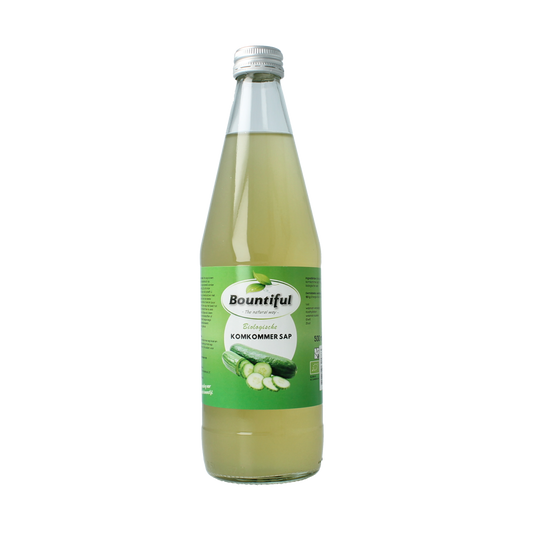 Bountiful Bountiful Komkommersap bio 500ml bottle of cucumber juice in a clear glass bottle with label.