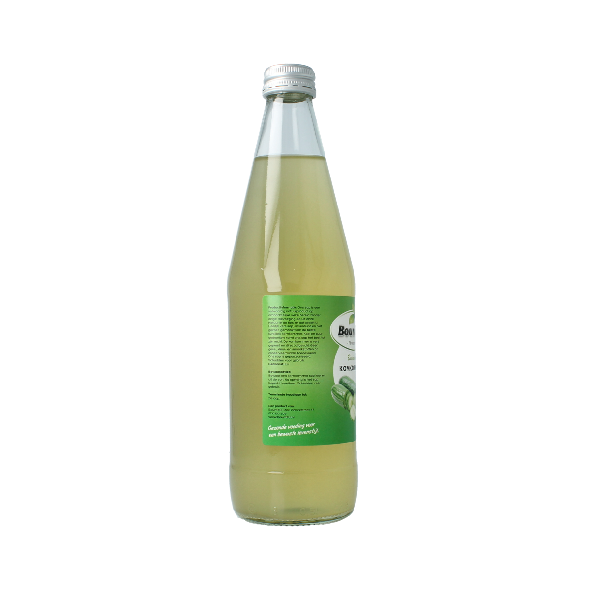 Bountiful bio komkommersap in a 500ml bottle, natural cucumber juice from Bountiful, in a clear bottle with a label.