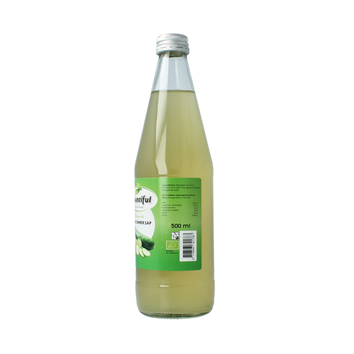 Bountiful bio Komkommersap in a 500ml bottle, natural cucumber juice, fresh and clear with a green cap and label.
