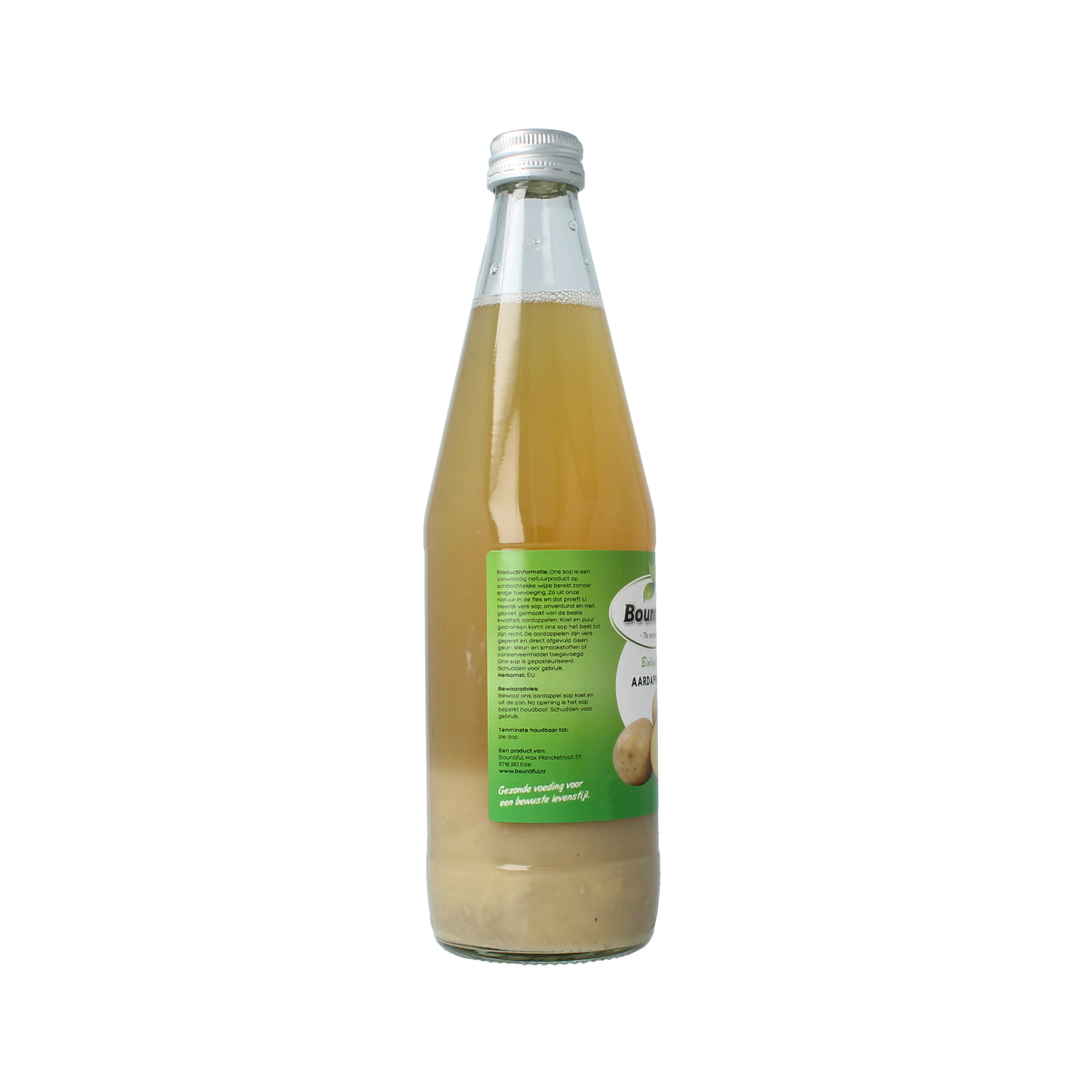 Bountiful organic aardappelsap bottle, 500ml, in clear plastic with label showing product and brand details.