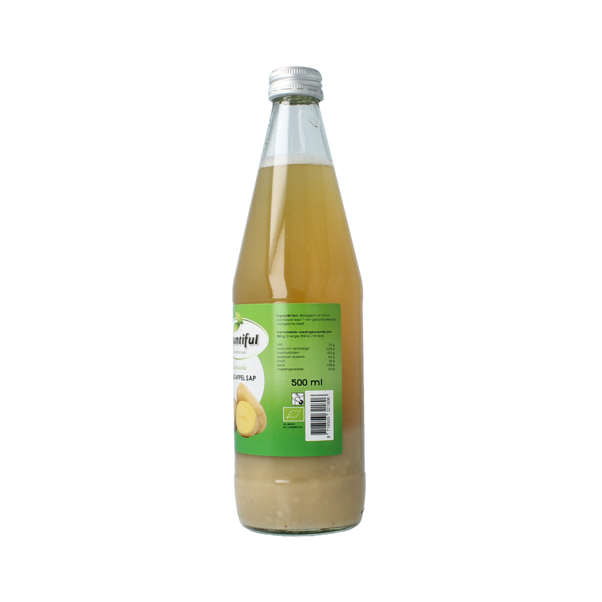 Bountiful organic aardappelsap in a 500ml bottle, showing fresh, natural potato juice in a clear container.