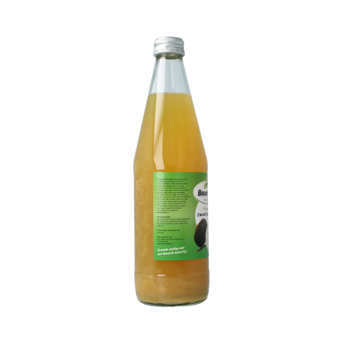 Bountiful bio zwarte radijs sap in 500ml bottle, fresh and vibrant, ideal for healthy drinks and natural juice options.