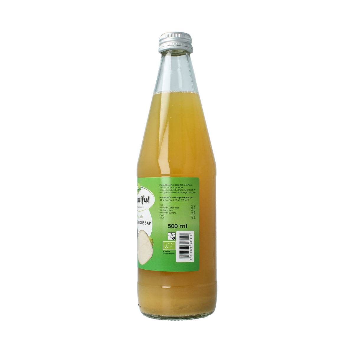 Bountiful black radish juice in a 500ml bottle, organic and fresh, with dark radish slices on the label.