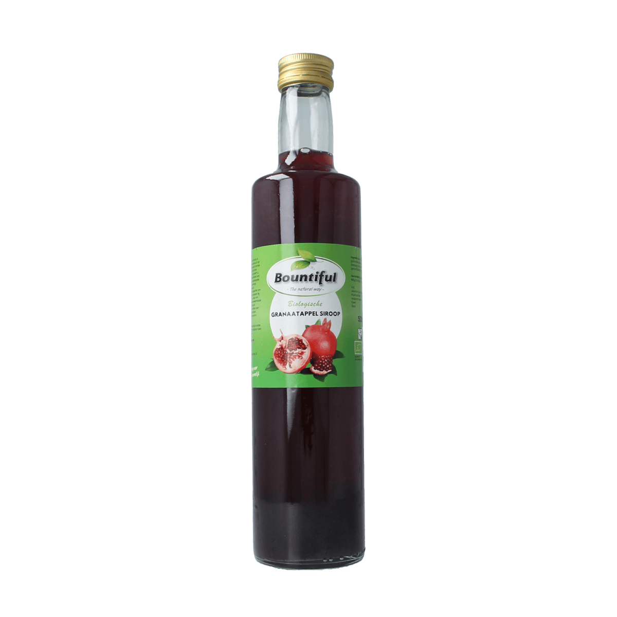 Bountiful organic pomegranate syrup in a 500ml bottle, showcasing the rich, deep red color of the drink.