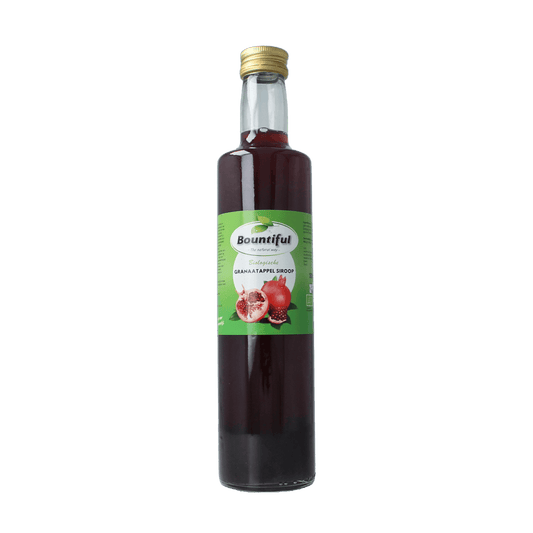 Bountiful organic pomegranate syrup in a 500ml bottle, showcasing the rich, deep red color of the drink.