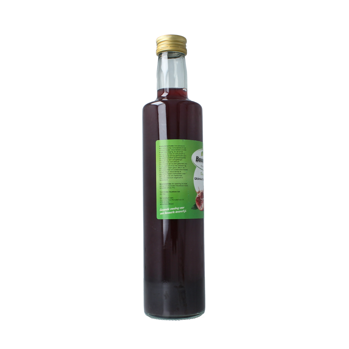 Bountiful organic pomegranate syrup bottle, 500ml, in clear glass with label, for drinks and recipes.