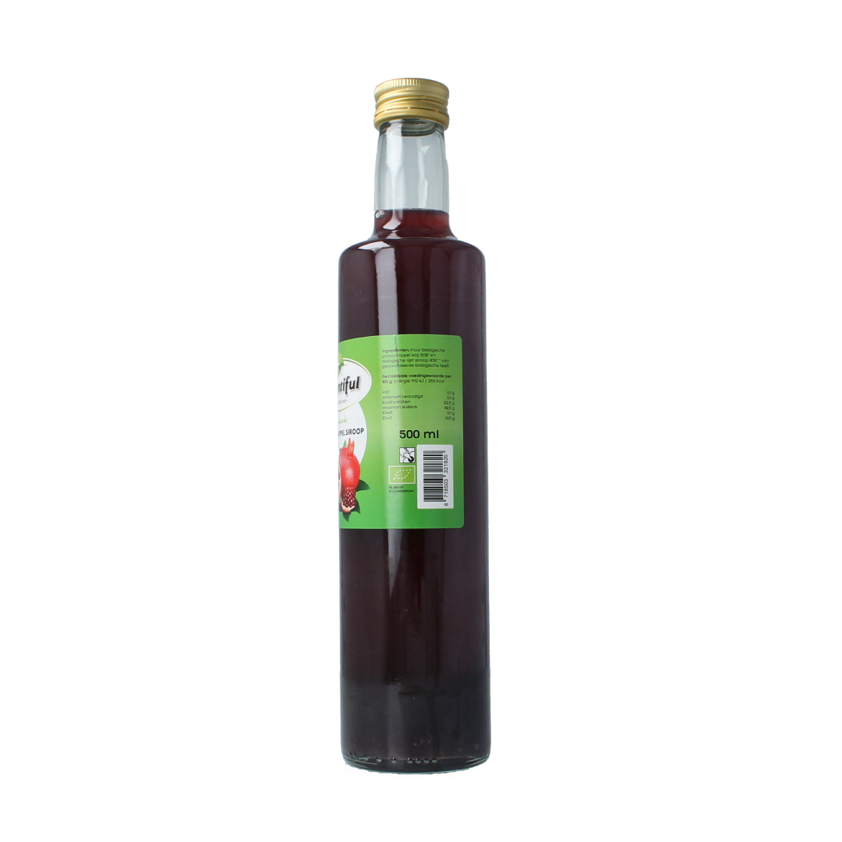 Bountiful organic pomegranate syrup in a 500ml bottle, used in drinks and juices, with a clear label and dark liquid inside.