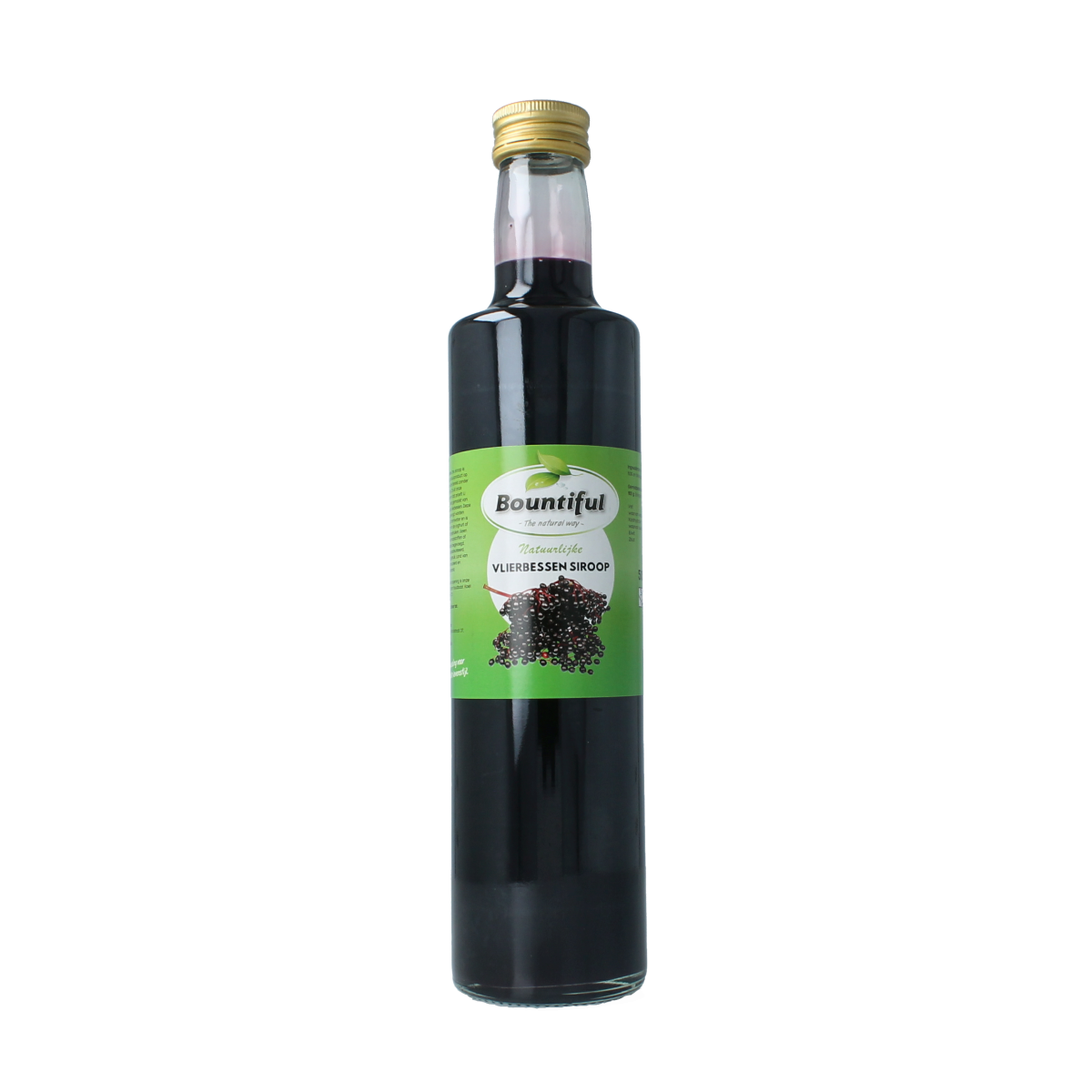 Bountiful Vlierbessen siroop in 500ml bottle, featuring deep purple color and label with berries for drinks and syrups.