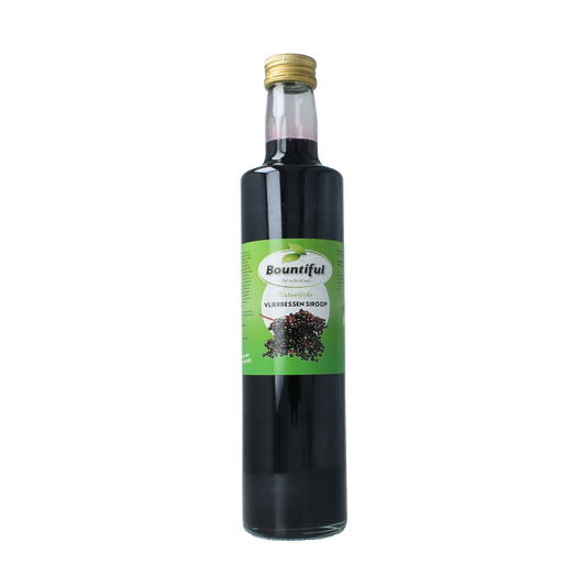 Bountiful Vlierbessen siroop in 500ml bottle, featuring deep purple color and label with berries for drinks and syrups.