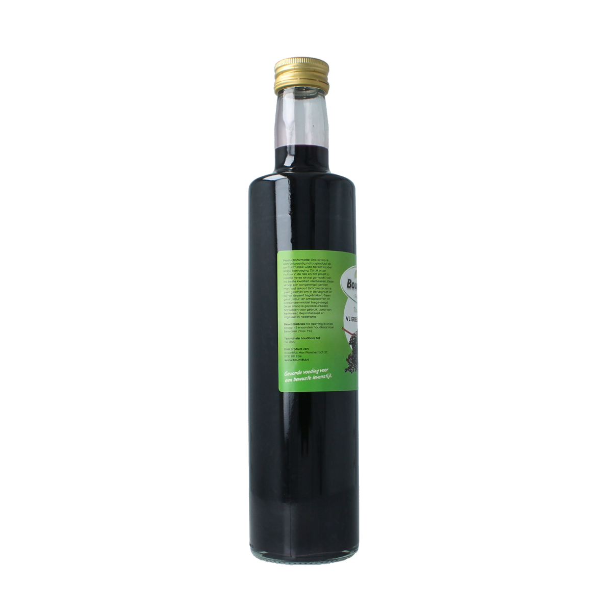 Bountiful Bountiful Vlierbessen siroop 500ml bottle for drinks and juices, featuring a colorful label on a clear bottle.