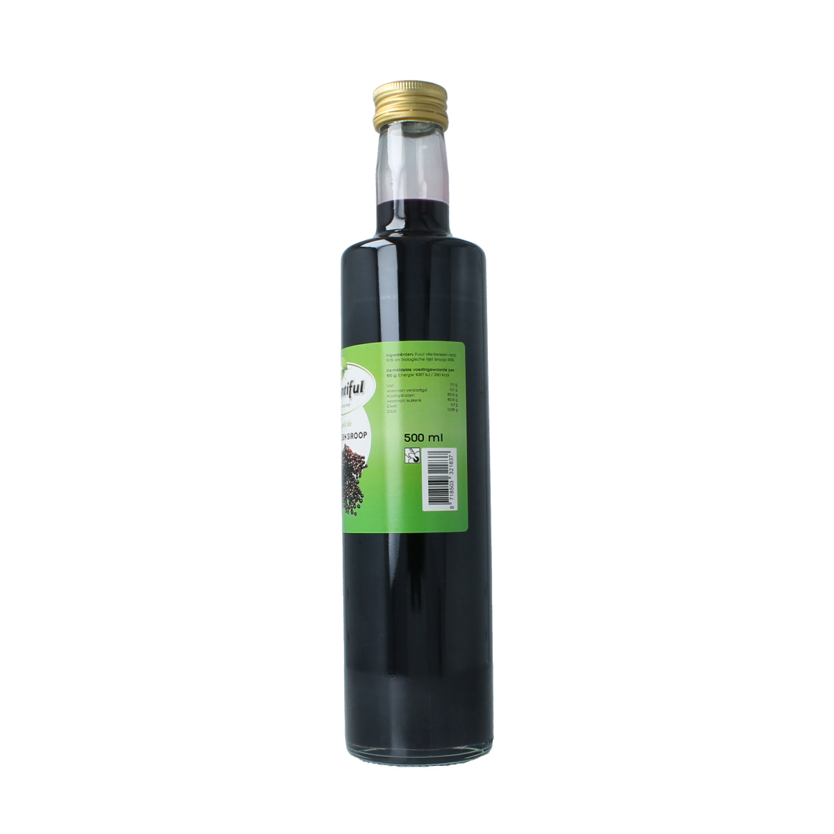 Bottle of Bountiful Vlierbessen siroop, 500ml, a natural elderberry syrup in a clear glass bottle with a label.