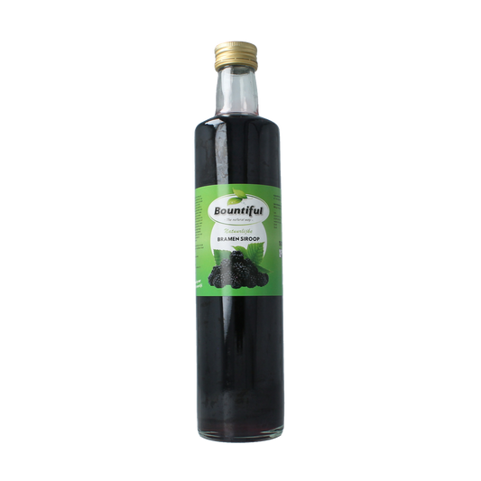 Bountiful Bountiful Bramen siroop 500ml bottle with a dark, rich syrup inside, suitable for drinks and fruit flavoring.
