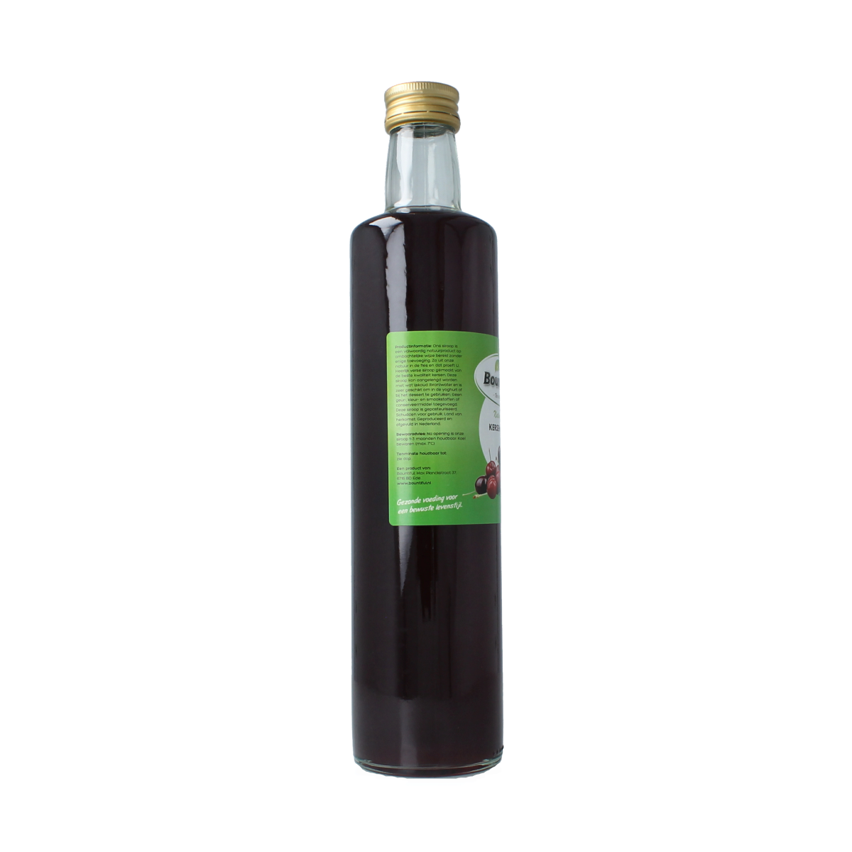 Bountiful Kersen siroop 500ml bottle, a cherry syrup for drinks and beverages, shown in clear glass with label.