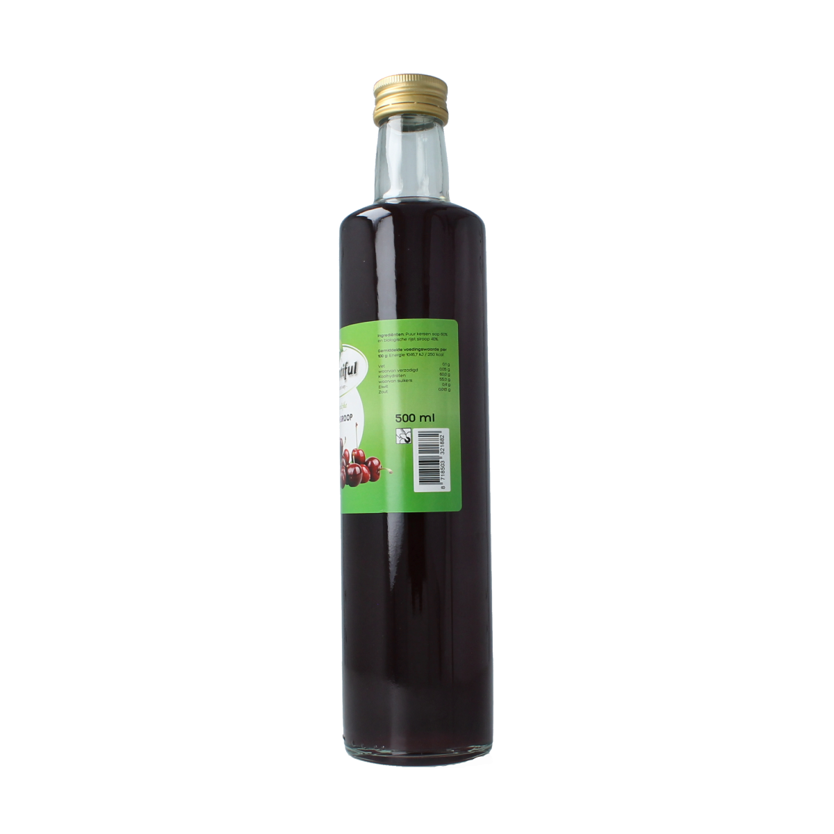 Bountiful Kersen siroop 500ml bottle with cherry syrup in clear glass container, label showing cherry illustrations and brand logo.