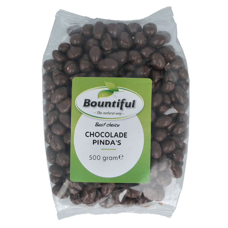 Bountiful Chocolade Pinda's 500g, crunchy snack with chocolate-coated peanuts in a clear bowl.