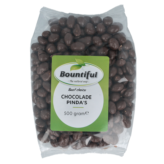 Bountiful Chocolade Pinda's 500g, crunchy snack with chocolate-coated peanuts in a clear bowl.