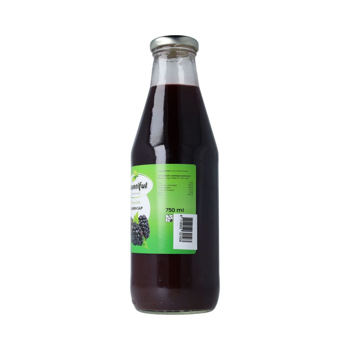 Bountiful Bountiful Bramen sap bottle, 750ml, in clear container with label showing fresh, natural fruit juice for drinking.