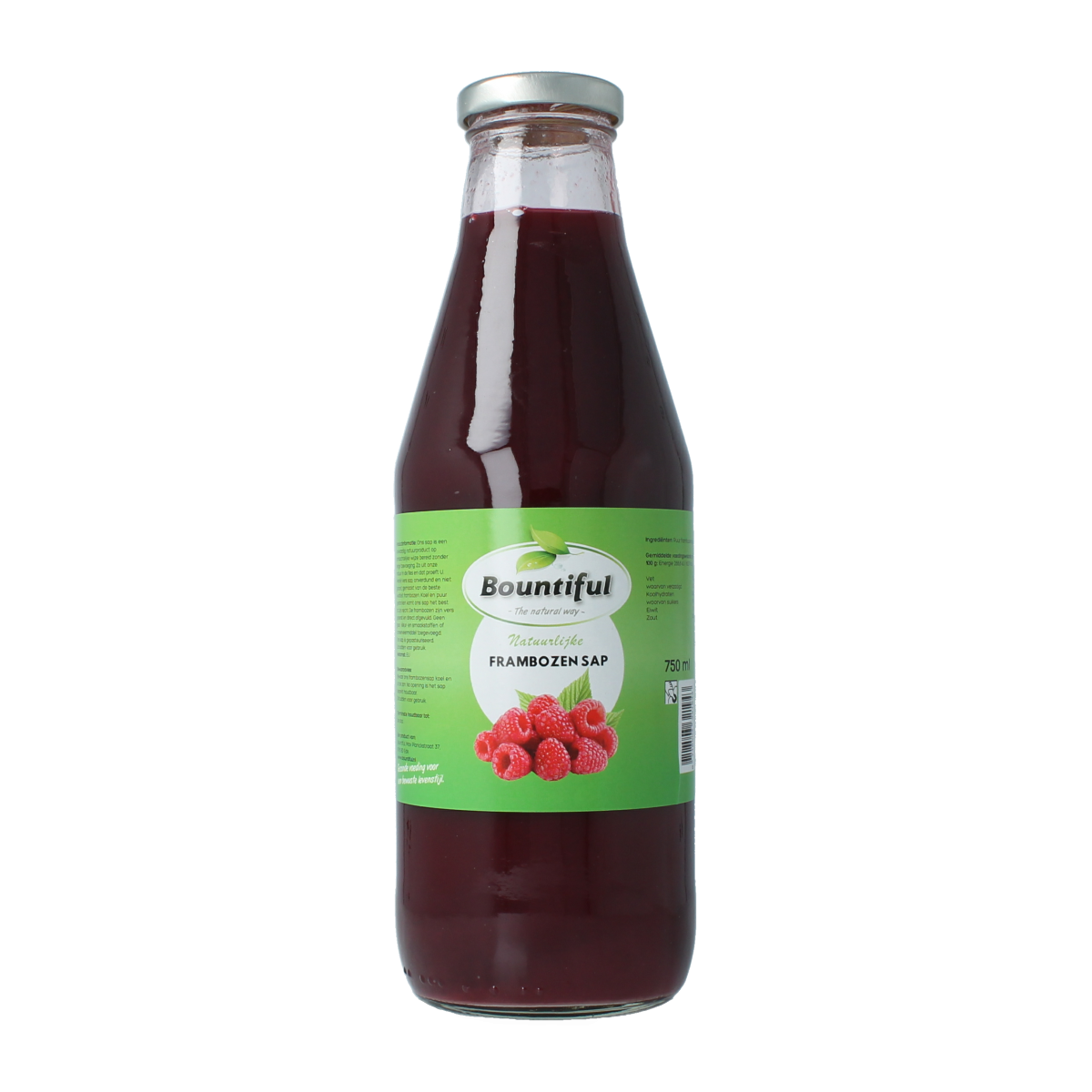 Bountiful raspberry juice bottle, 750ml, in clear plastic bottle with label, for refreshing fruit drink.