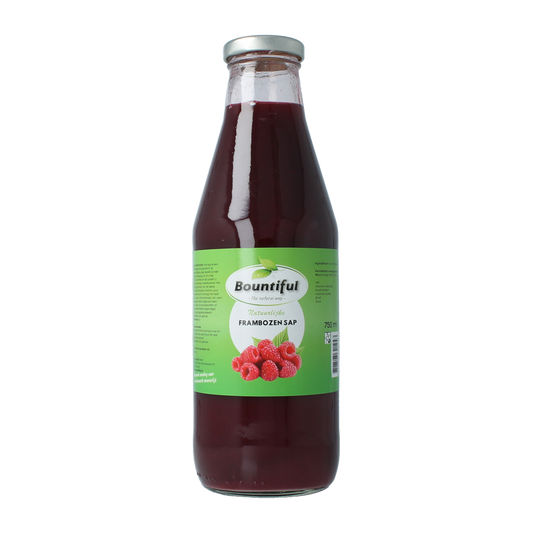 Bountiful raspberry juice bottle, 750ml, in clear plastic bottle with label, for refreshing fruit drink.