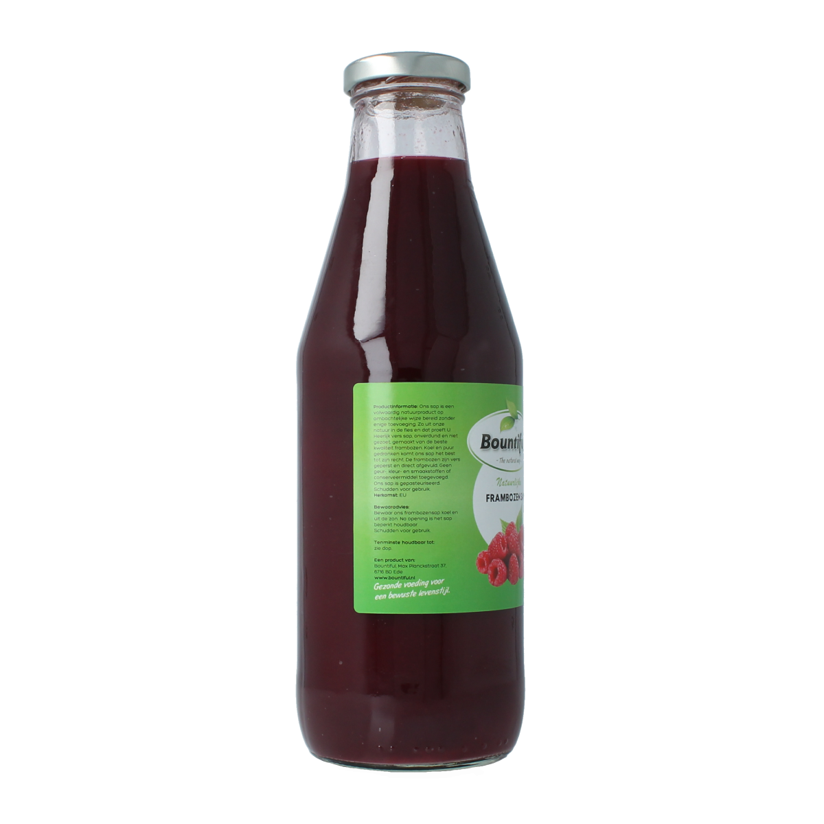 Bountiful raspberry juice bottle 750ml, featuring vibrant raspberry images on a clear plastic bottle.