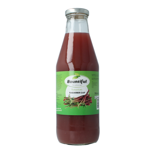 Bountiful Bountiful Rabarbersap 750ml bottle with vibrant label, showcasing fresh rhubarb juice in a clear glass bottle.
