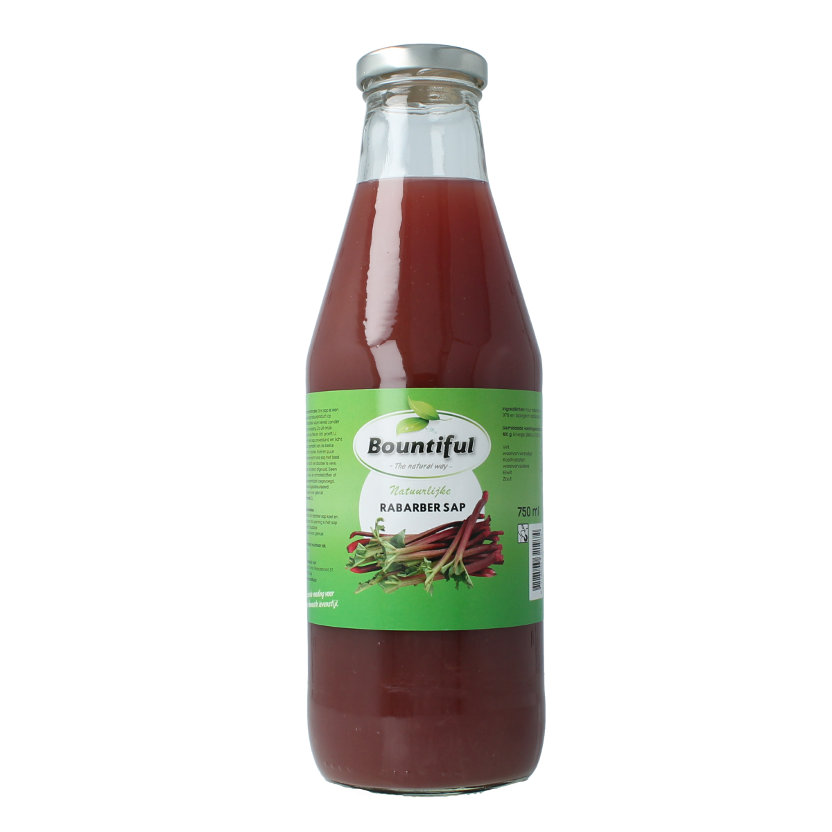 Bountiful Bountiful Rabarbersap 750ml bottle with vibrant red rhubarb juice inside, label showing brand and product details.