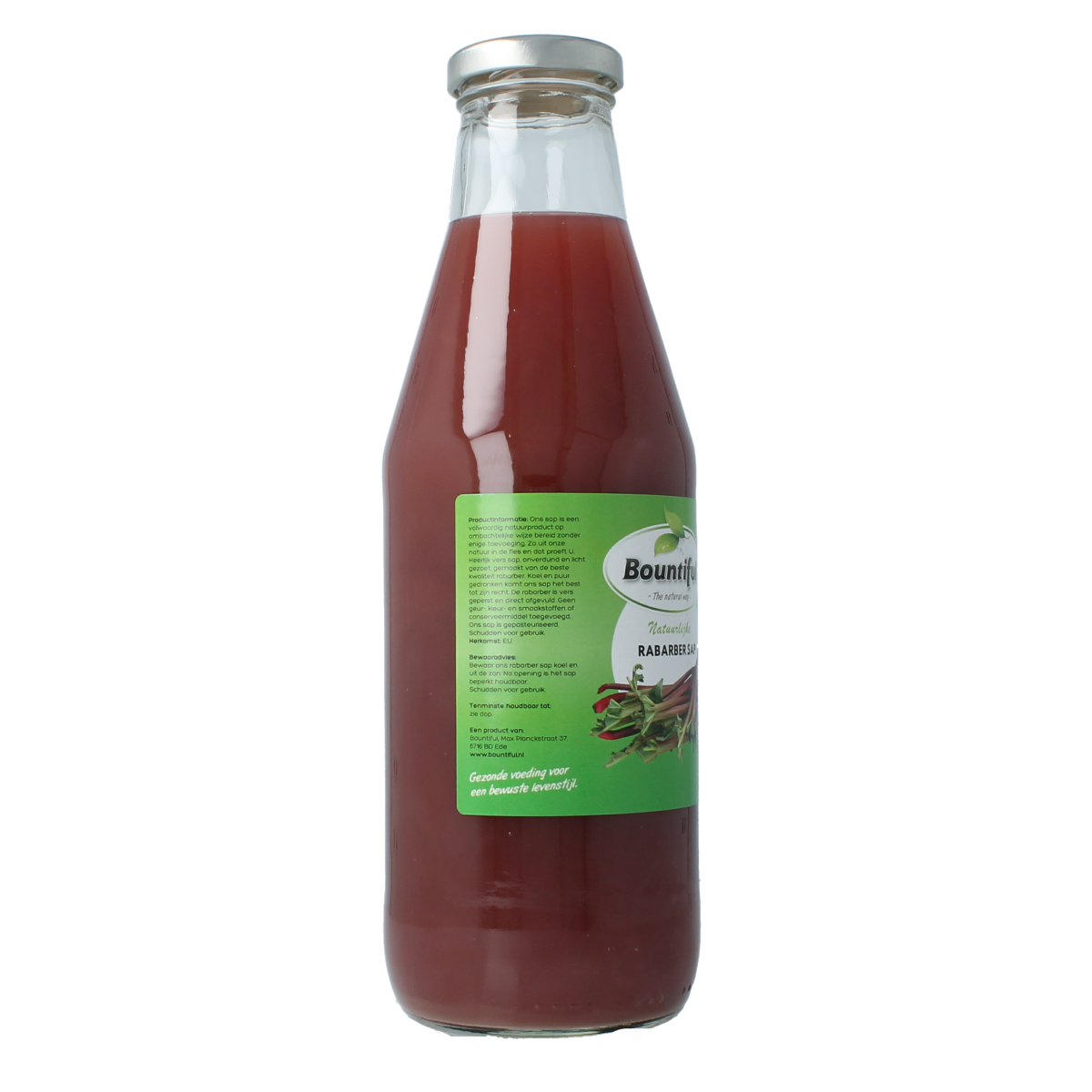 Bountiful Bountiful Rabarbersap 750ml bottle with vibrant purple liquid and label featuring fresh rhubarb illustrations.