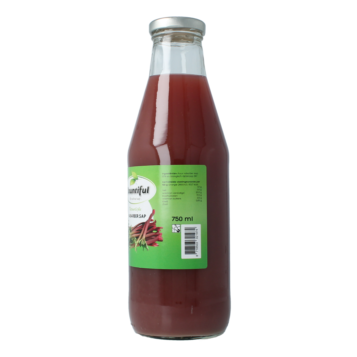 Bountiful Bountiful Rabarbersap 750ml bottle of fresh rhubarb juice in clear glass bottle with label