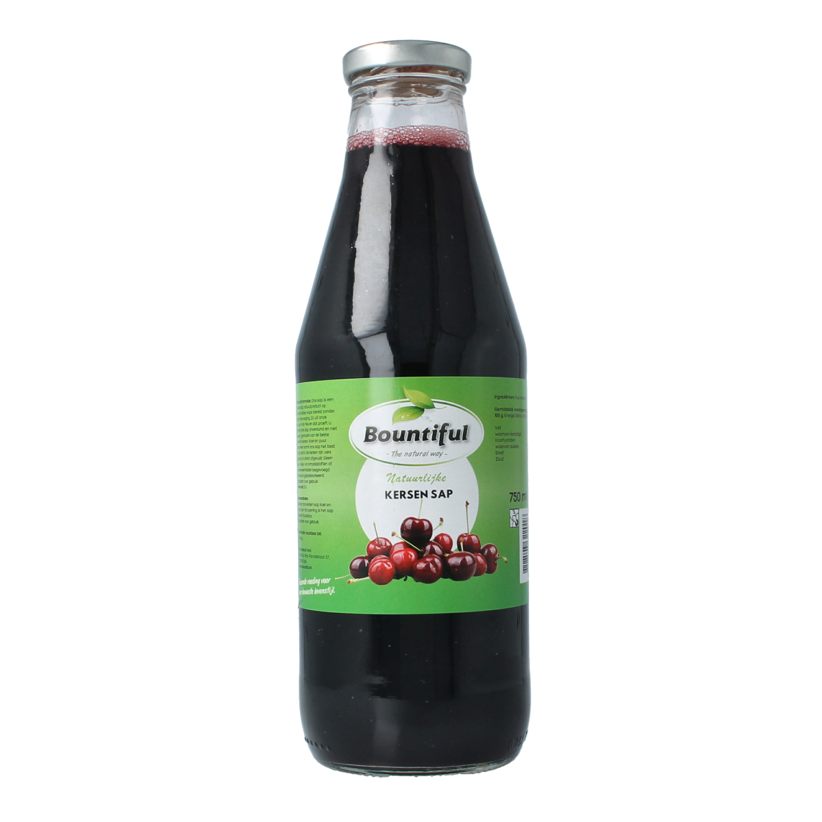Bountiful Bountiful Kersensap 750ml bottle of cherry juice in a clear glass bottle with a label