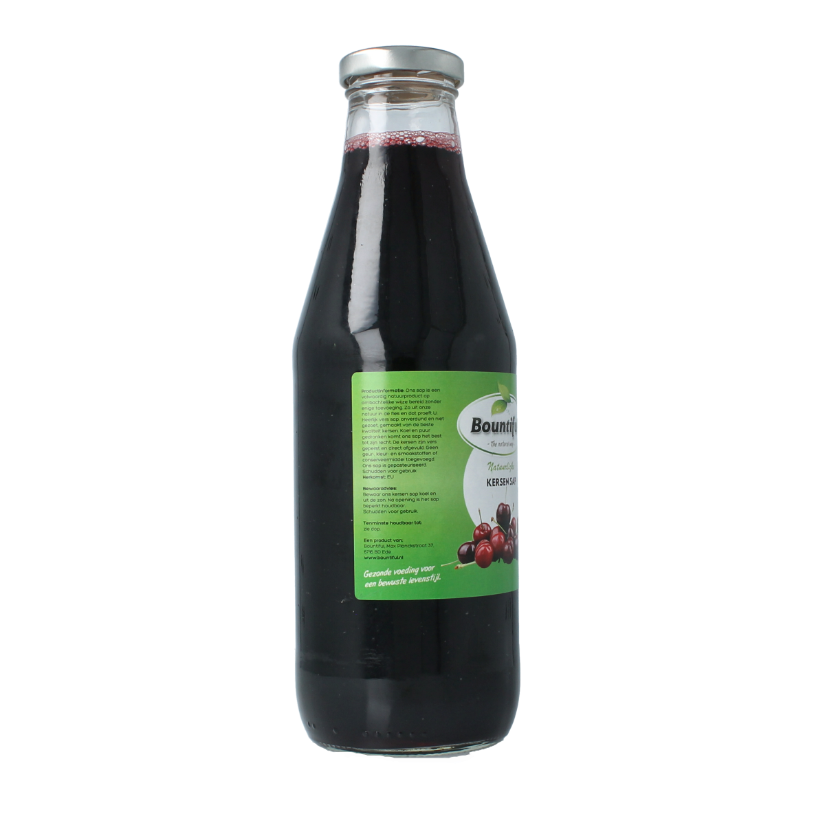 Bountiful Bountiful Kersensap 750ml bottle of cherry juice in clear plastic bottle with label, front view.