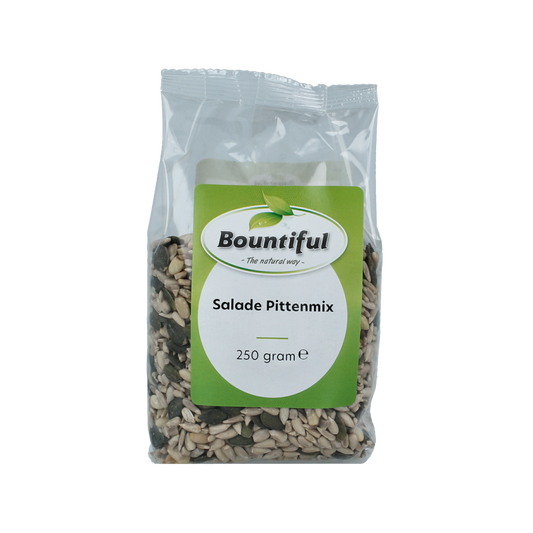 Bountiful Salade Pittenmix, 250g, raw superfood mix with assorted seeds and nuts in a clear container.