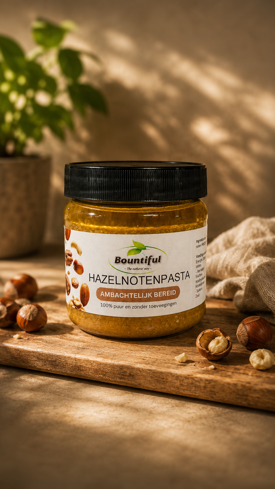 Bountiful Bountiful Hazelnootpasta vers geroosterd broodbeleg spread in jar, creamy hazelnut flavor, 350g.
