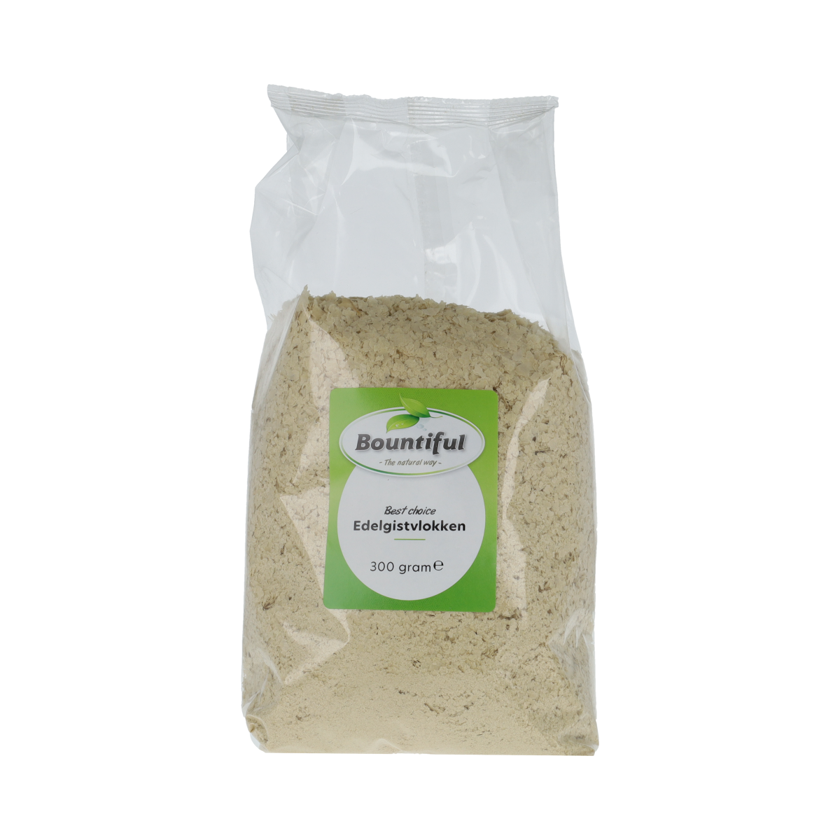 Bountiful Bountiful Edelgistvlokken raw superfood in a 300g package, showing golden flaxseed flakes in a clear container.
