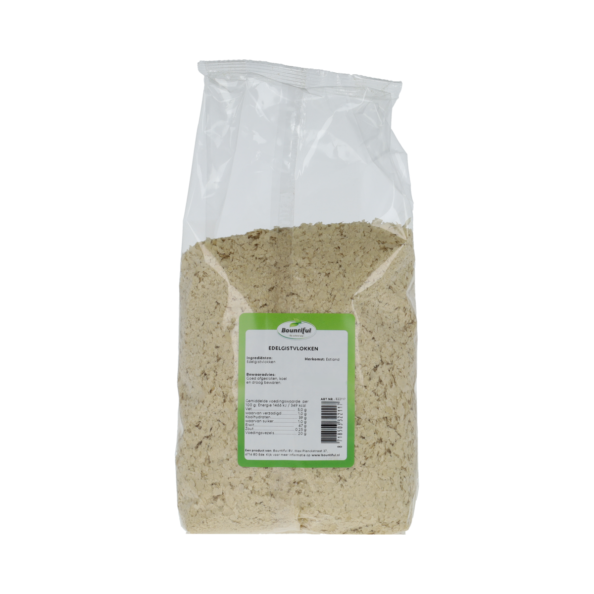 Bountiful Bountiful Edelgistvlokken raw superfood in 300g bag, golden flaxseed flakes on a white background