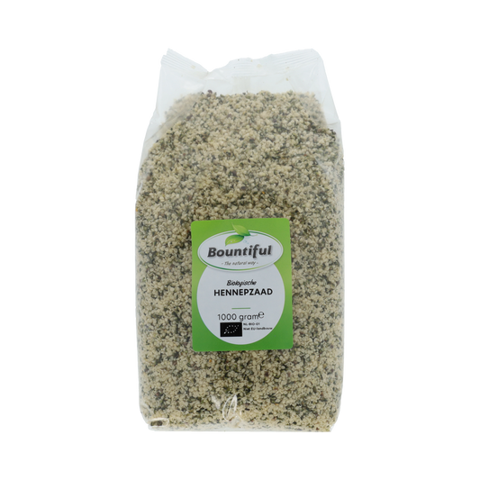 Bountiful biologische gepelde hennepzaad, 1000g, raw superfood displayed in a clear container with labels visible.