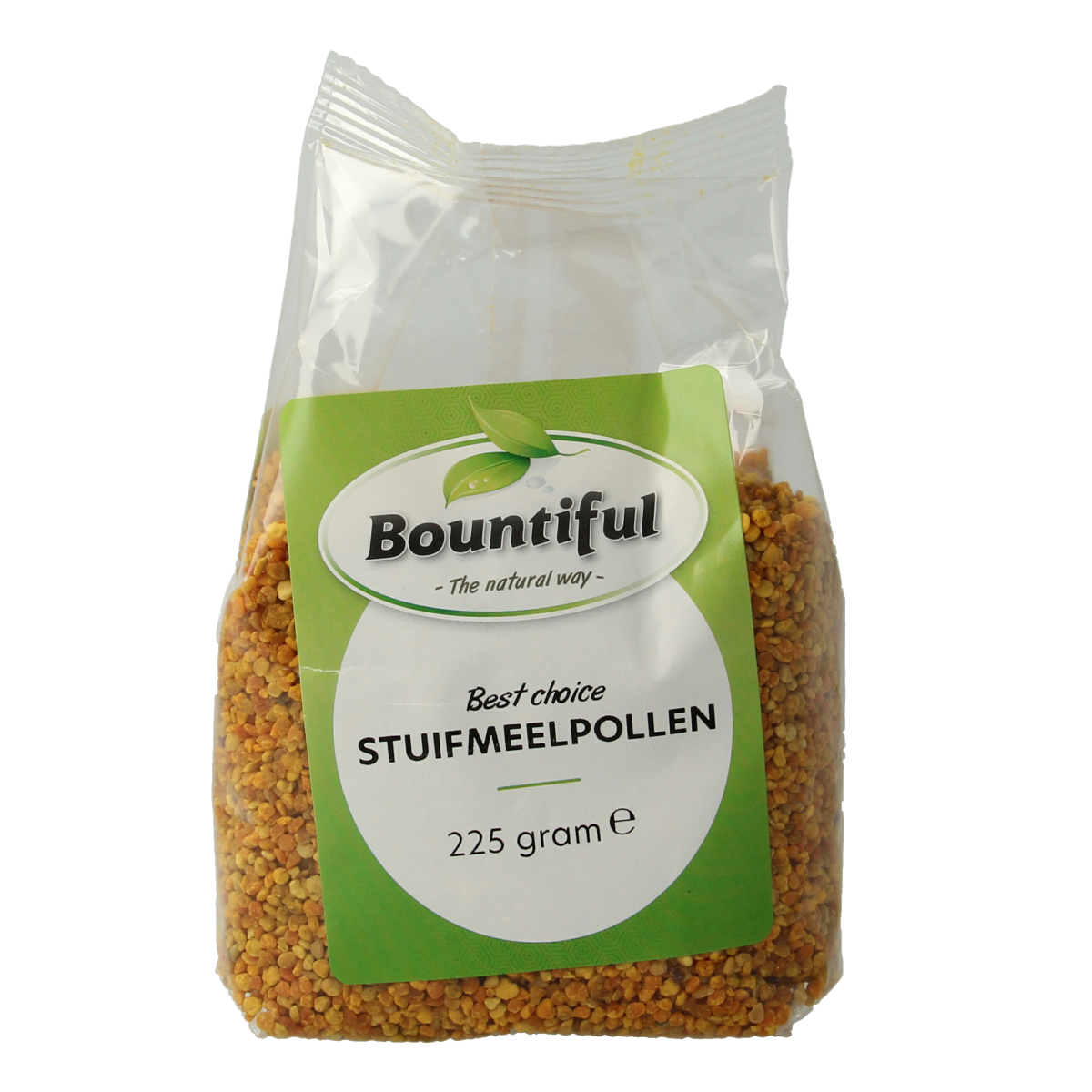 Bountiful raw bee pollen granules in a 225g package, a nutritious superfood rich in vitamins and antioxidants.