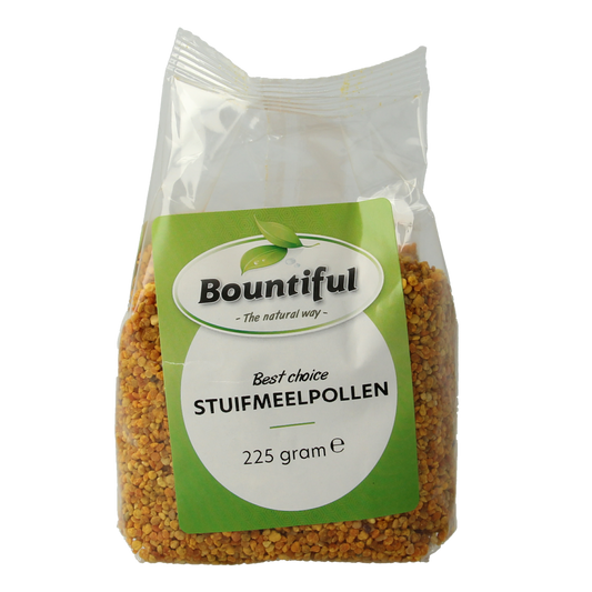 Bountiful raw bee pollen granules in a 225g package, a nutritious superfood rich in vitamins and antioxidants.