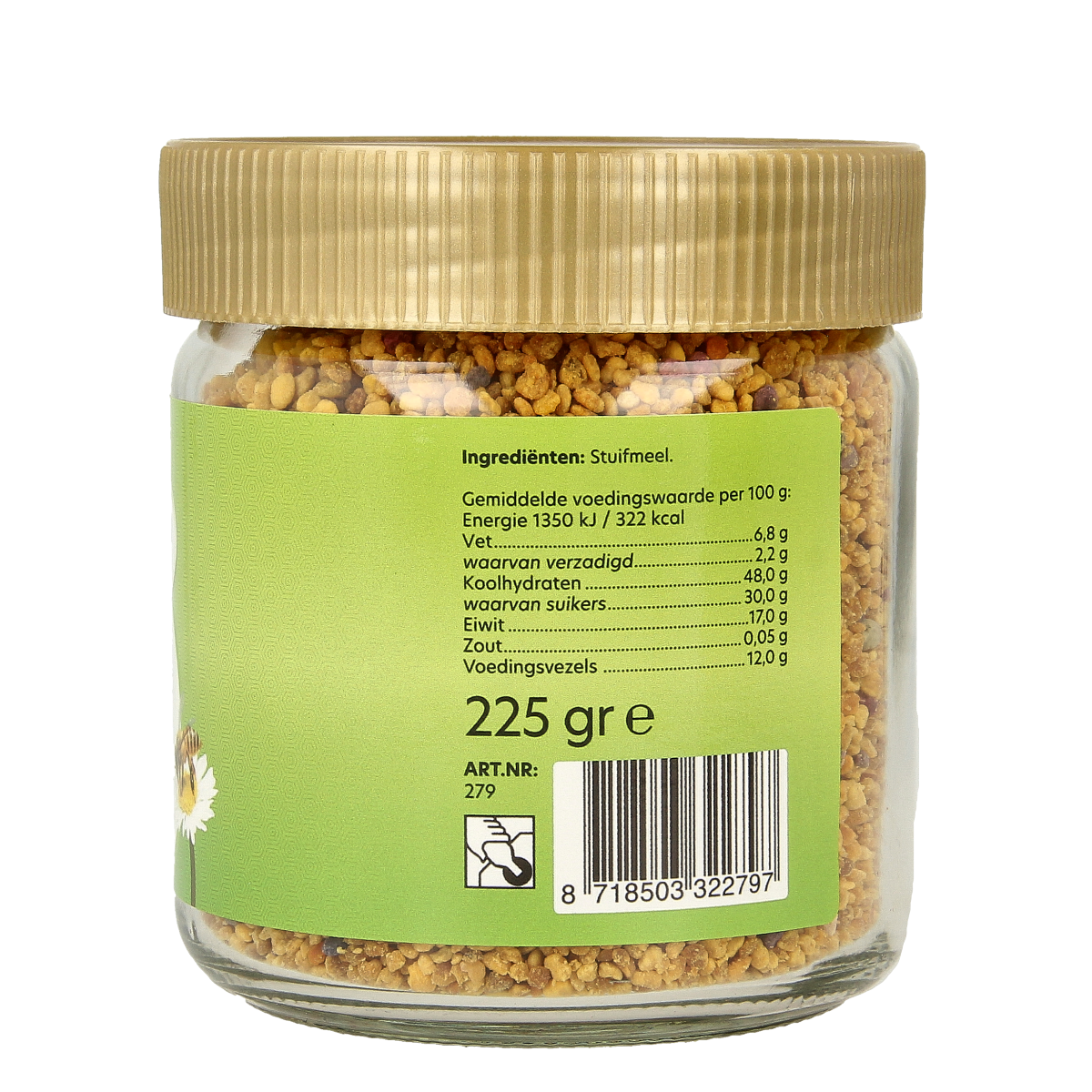 Raw Bountiful bee pollen granules in a 225g container, a nutritious superfood rich in vitamins and antioxidants.