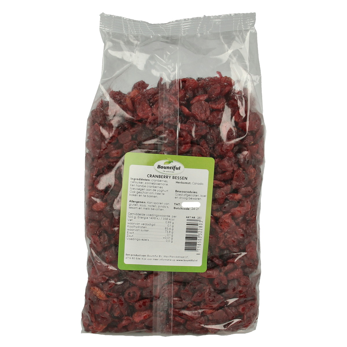Bountiful Cranberry Bessen in 1kg package, fresh and vibrant, part of Bountiful’s fruit collection, displayed in a clear container.