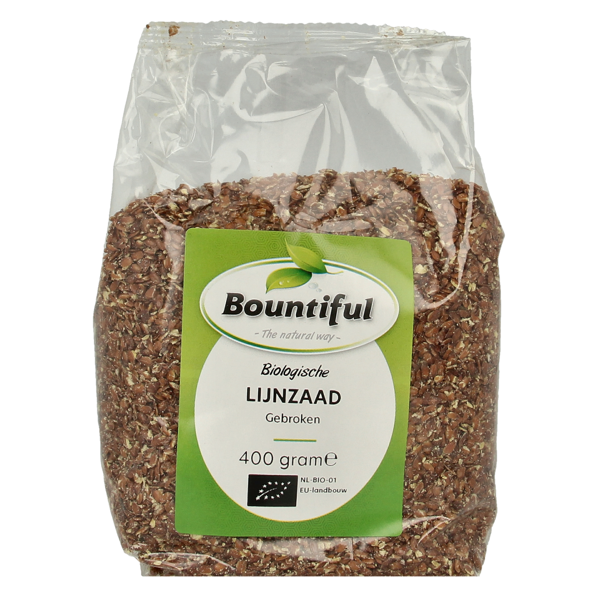 Bountiful organic broken flaxseed in 400g pack, raw superfood rich in omega-3 and fiber, shown in a clear image.