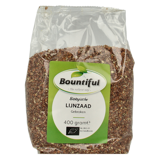 Bountiful organic broken flaxseed in 400g pack, raw superfood rich in omega-3 and fiber, shown in a clear image.